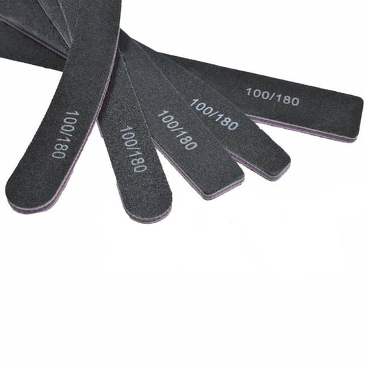 Black double-sided nail files showing 100/180 grit labels, five-piece set