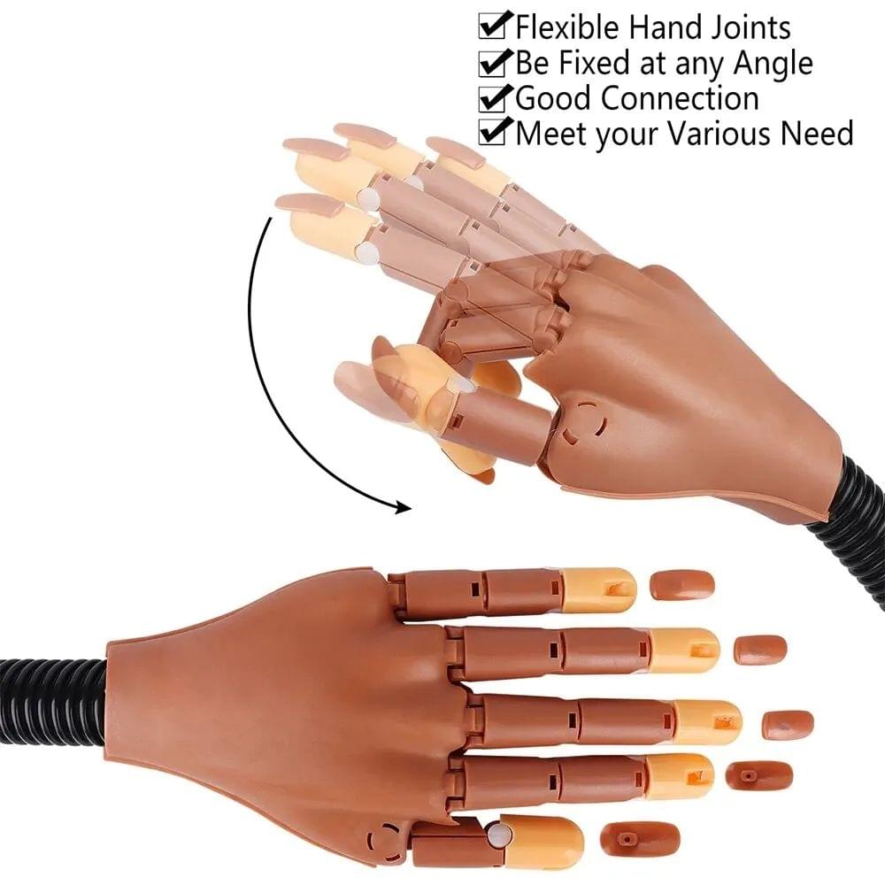 Tan nail practice hand with flexible joints and multiple orange nail tips attached