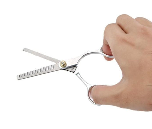 Held thinning hairdressing scissors with comb teeth and two finger loops