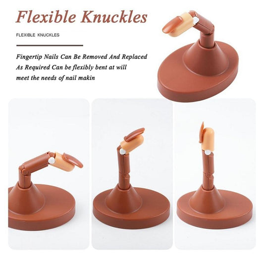 Brown flexible nail training finger set with detachable fingertip tips on base stand
