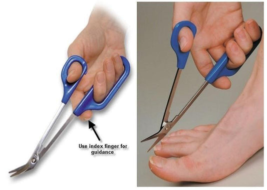 Blue nail scissors with long handle, trimming toenails