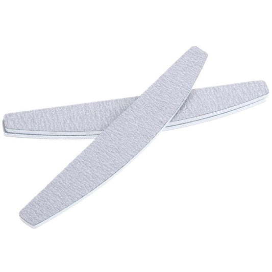 Grey half-moon nail files with textured sanding strips, stacked
