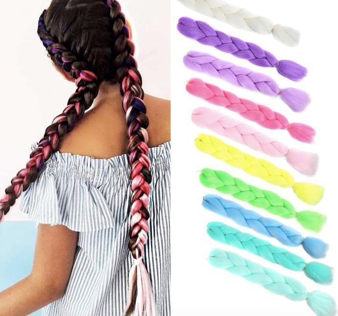 Braided hair hairstyle with thick red-and-purple giant braids and loose pastel braid bundles