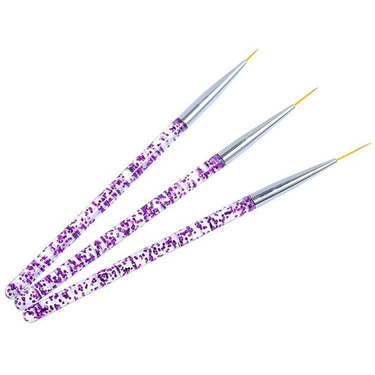 3-piece nail art brush set, three slim brushes with purple glitter casings and gold tips