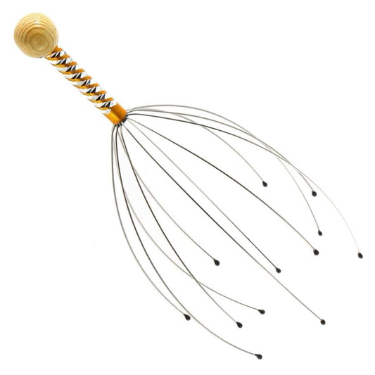 Hair massage comb with orange wooden handle and metal spring prongs