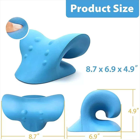 Blue neck stretcher pillow angled view with rounded holes and central U opening