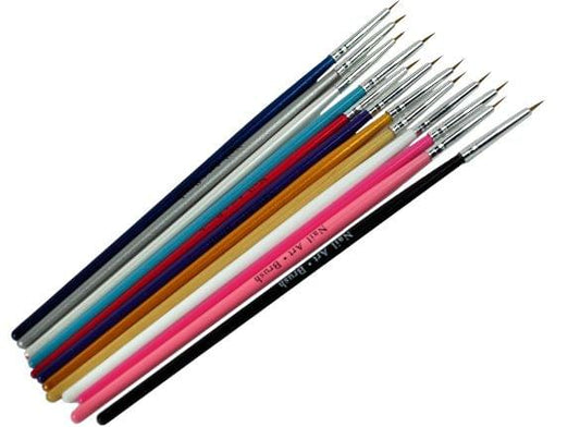 Nail art nail brushes with silver ferrules and slim pointed tips, colorful handles