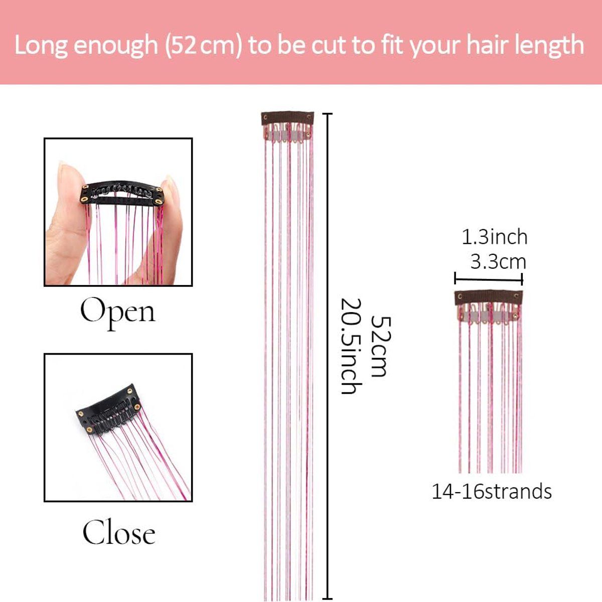 Hair Tinsels Festival Extensions Glitter 12 Piece Clip On Accessory Set 52Cm Long For Christmas And New Year Suitable Women Girls Children (Black)