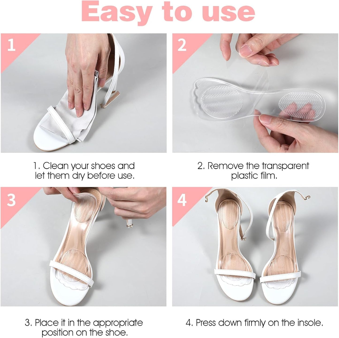 2 Pair Gel High Heel Inserts for Women, 3/4 Length Clear Shoe Inserts for Women, Comfort Pads Non-Skidding Adhesive Shoe Support Cushion Insoles for High Heels for Sandals Flats Boots Pumps
