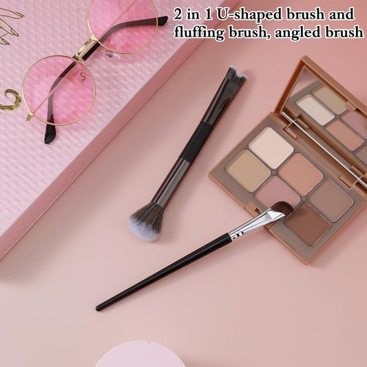 Mini nose contour brush set: angled brush and U-shaped fluffy brush, black handles.