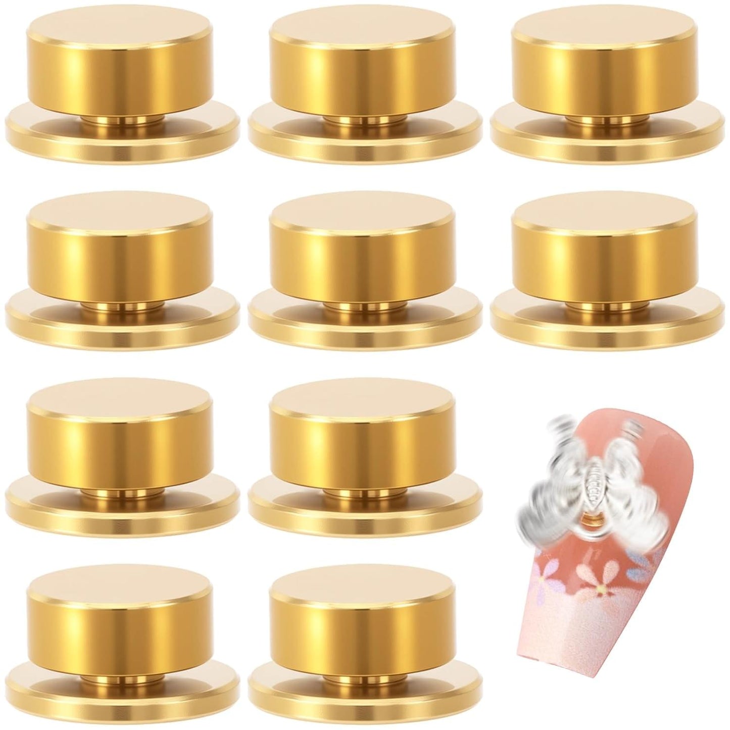 Gold rotating nail charms, cylindrical metal pieces for nail art, set of 10