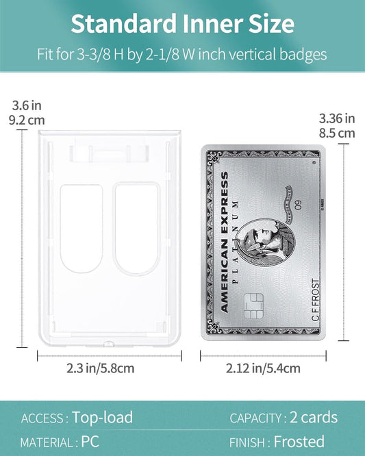Frosted vertical 2-card badge holder design diagram with top access and thumb slot