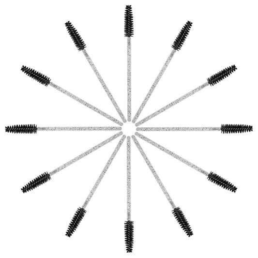 Pack of disposable mascara spoolie brushes with black bristles on glittery shafts