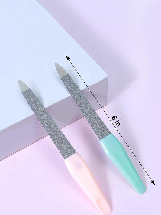 Nail file with diamond-grit metal pad and mint handle, plus another colored file.