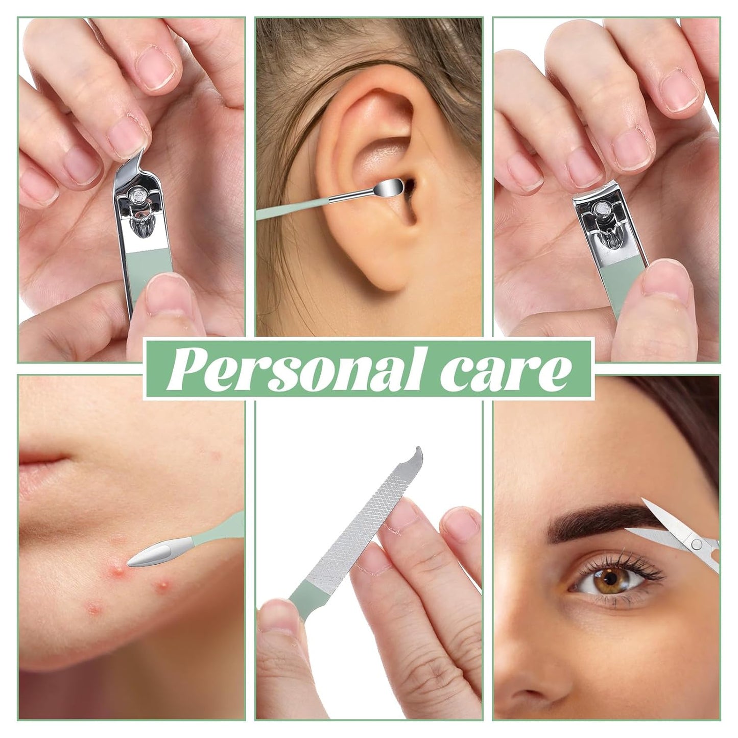 7Pcs Nail Cleaning Kit Professional Travel Nail Clippers with Green Leather Bag, Stainless Steel Manicure Kitcare Tools Grooming for Women Men