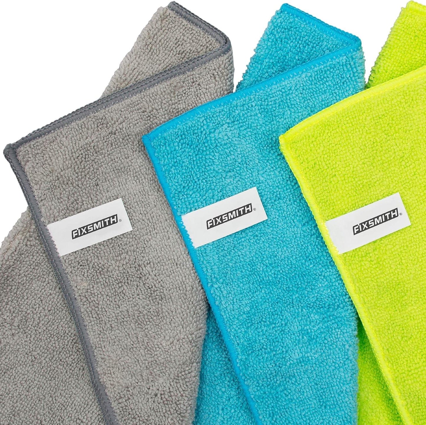 Folded microfiber cleaning cloth set in gray, blue, and lime with small labels