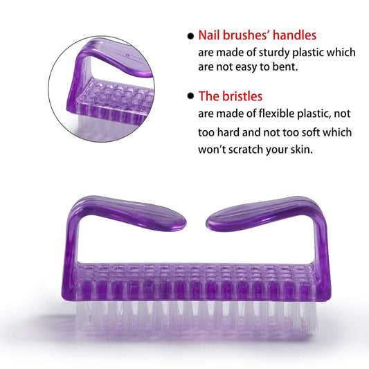 Nail brush with purple translucent handle and dense white bristles for gentle nail scrubbing