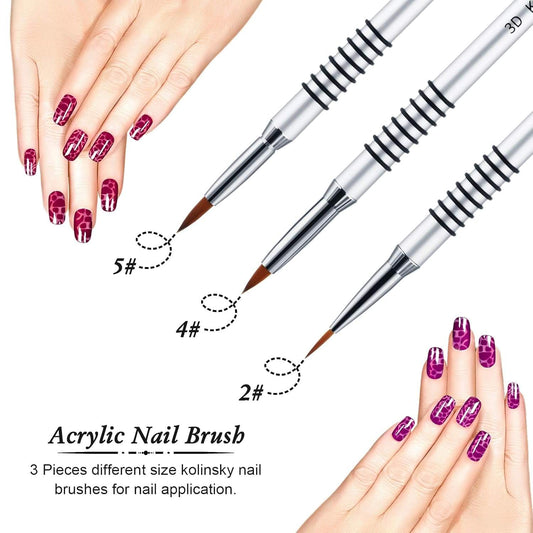 3-piece nail art brush set with slender silver handles and pointed brown bristles