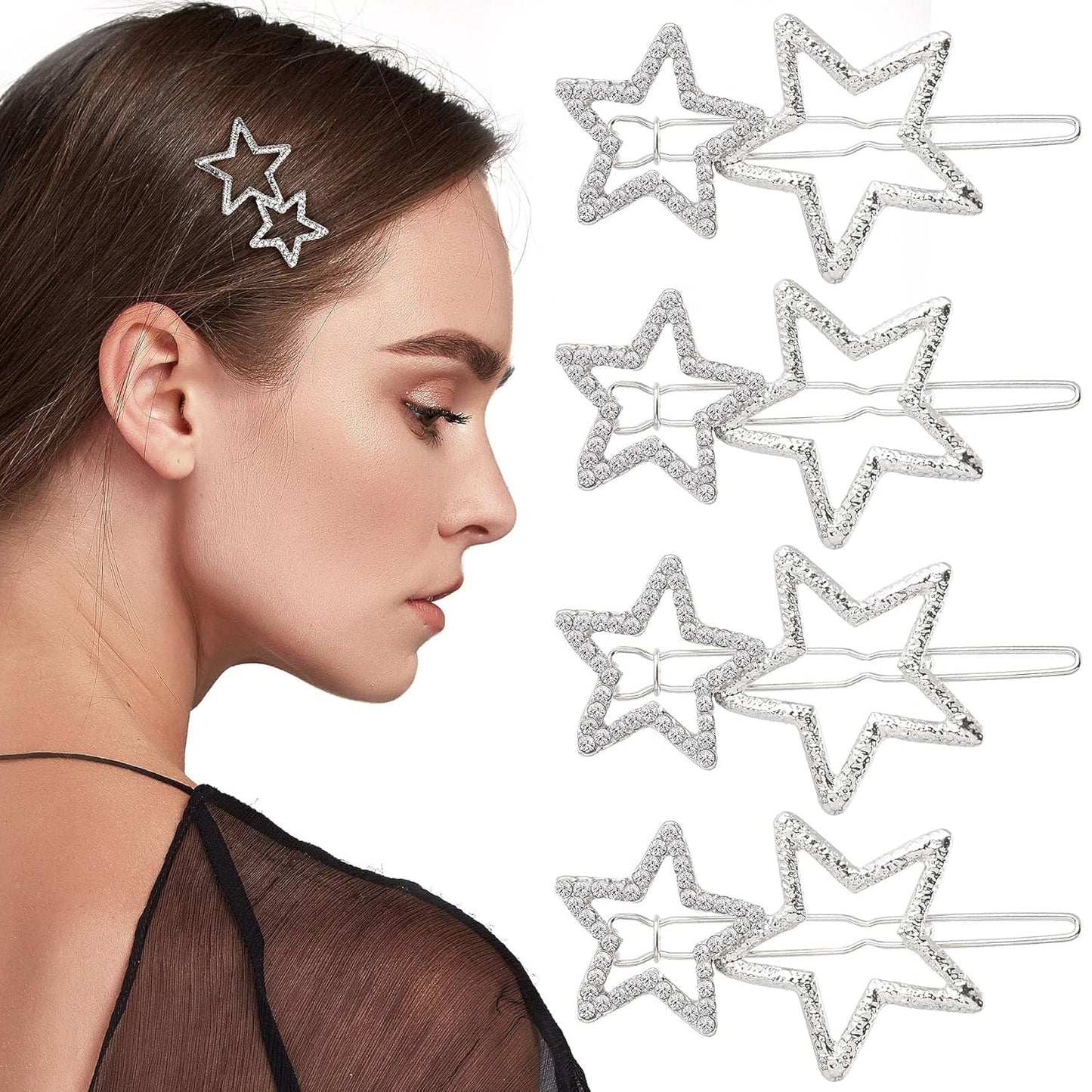 Silver star hair clips with rhinestone geometric pins, set of metal barrettes