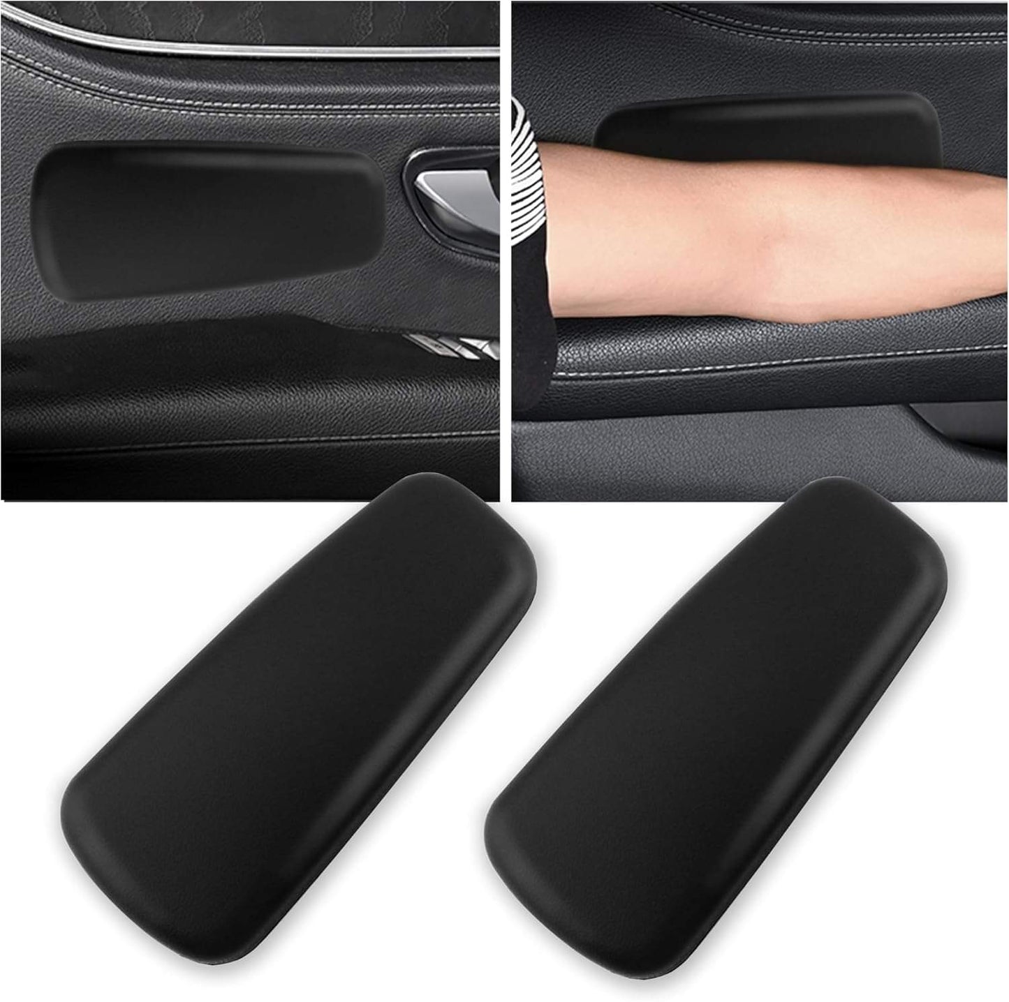 Set of 2 black soft leather arm rest elbow pads for car door, one-piece molded