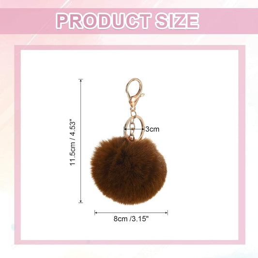 Brown faux fur pom-pom keychain with gold lobster clasp ring