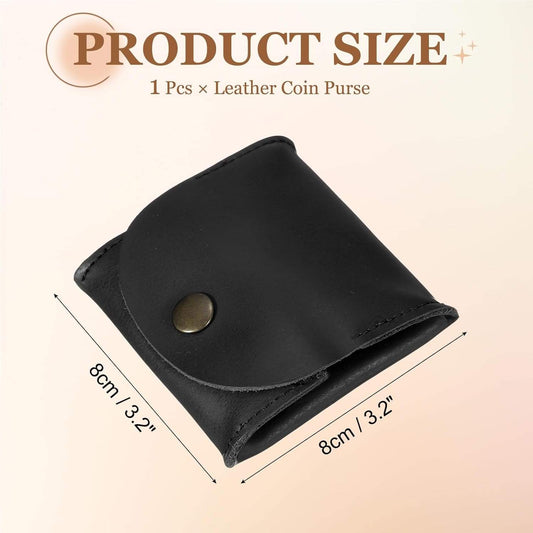 Small black leather coin purse with snap button closure and stitched rim