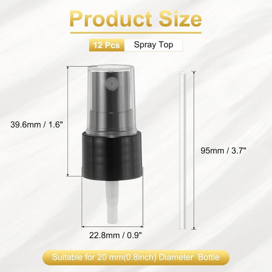 Black spray bottle pump top with clear tube, size diagram with height and diameter