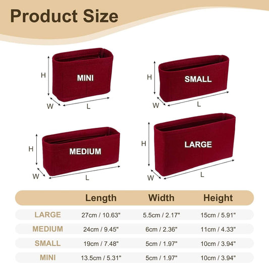 Burgundy felt purse organizer insert size options: mini, small, medium, large