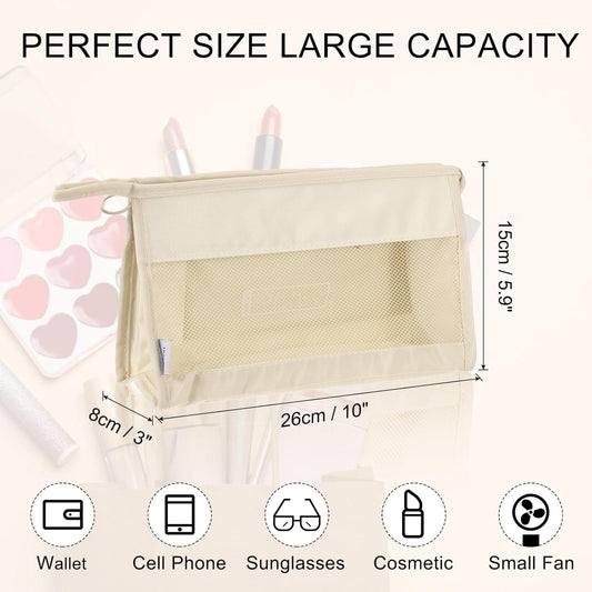 Cream mesh makeup bag with zipper, large rectangular travel pouch with front mesh window