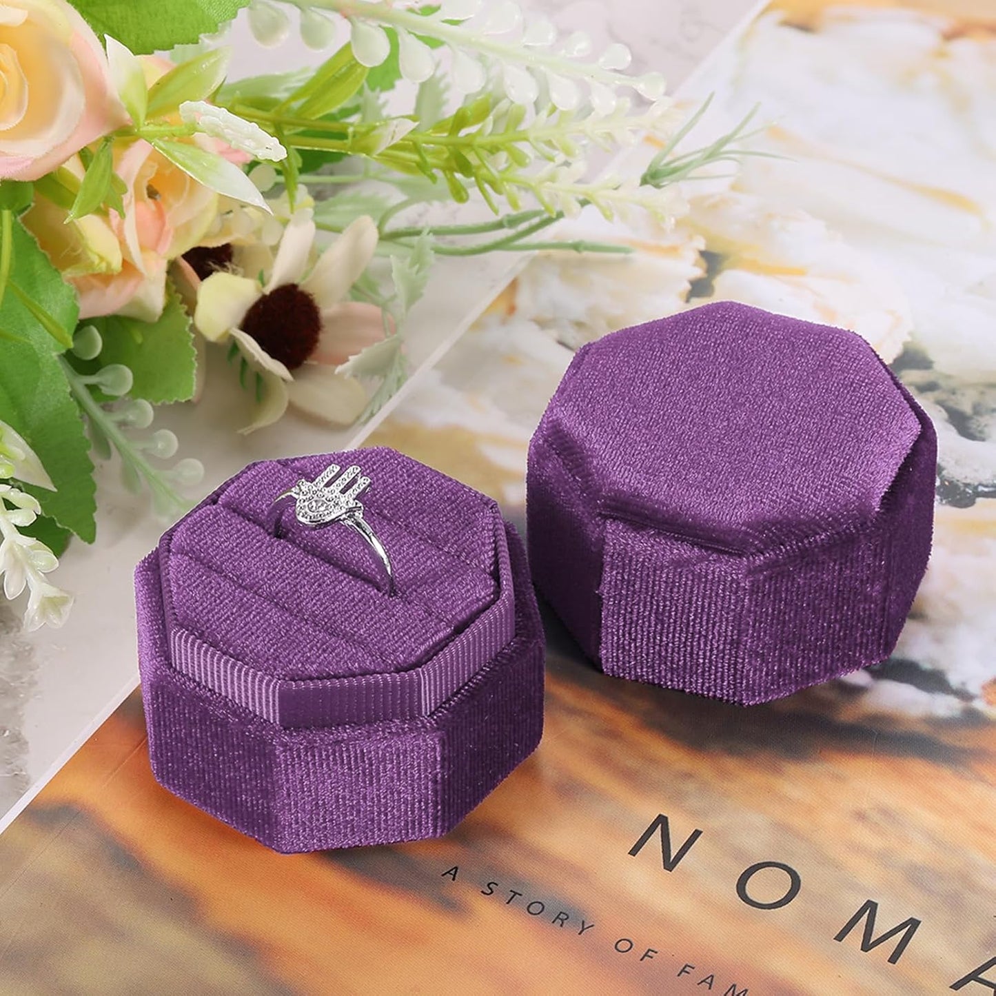 Velvet Ring Box, 3 Slot Octagon Wedding Ring Display Holder Box Jewelry Ring Gift Box for Wedding Ceremony Proposal Engagement (Deep Purple)