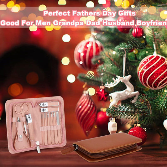 Pink zip nail care kit case with rose-gold tools, set on a table