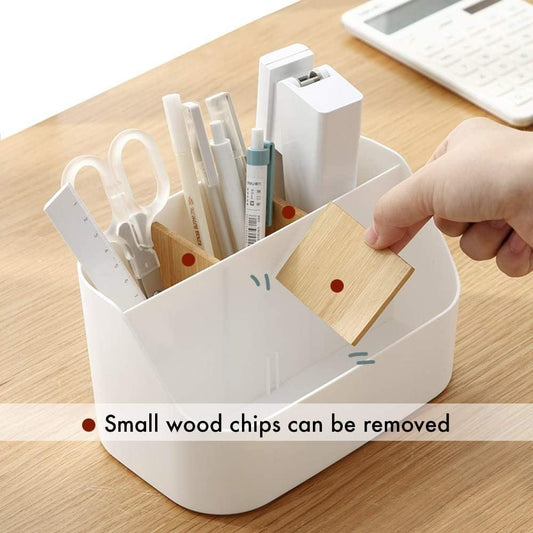 White desk organizer with removable divider and multiple slots for pens and office supplies