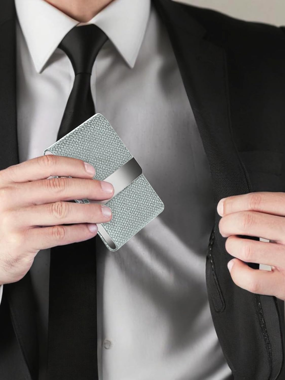 Men's Leather & Stainless Steel Magnetic Business Card Holder - Premium PU Leather & Metal Card Case - Forest Green