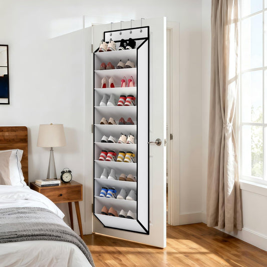 White over-door shoe organizer with 10 open shelves holding multiple shoe pairs