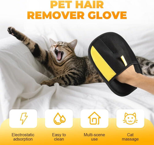 Pet hair remover glove on hand, black mesh with yellow accent strip