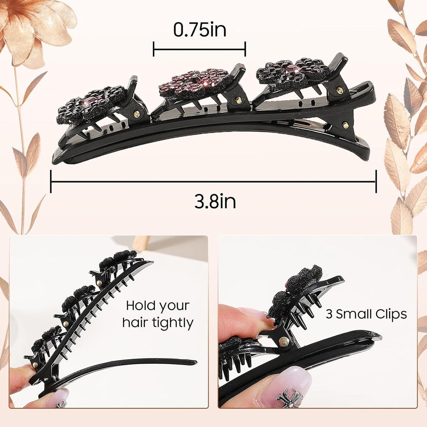 Curved black hair clips with rhinestone four-leaf accents and three small claw pieces