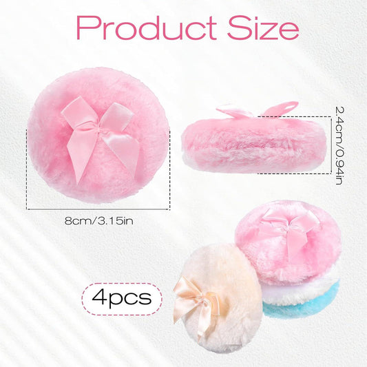 Fluffy powder puffs with bow ribbons in pink and blue, 4-piece set