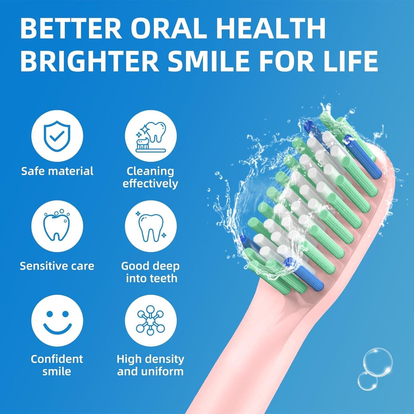 Pink sonic toothbrush replacement head with green and blue multicolor bristles