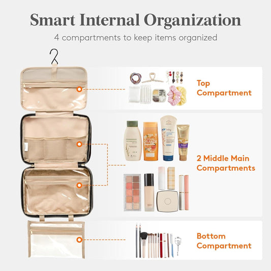 Black hanging toiletry bag opened to show multiple inner pockets and compartments.