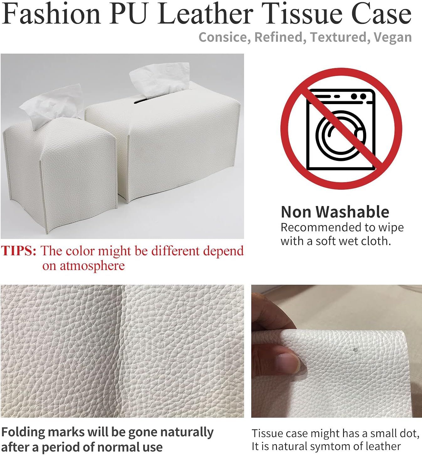 Tissue Box Cover, Square Decorative PU Leather Tissue Box Holder Modern Tissue Case Facial Paper Organizer Dispenser for Bathroom, Vanity Countertop, Night Stands, Desk 5X5X5'' | Off White