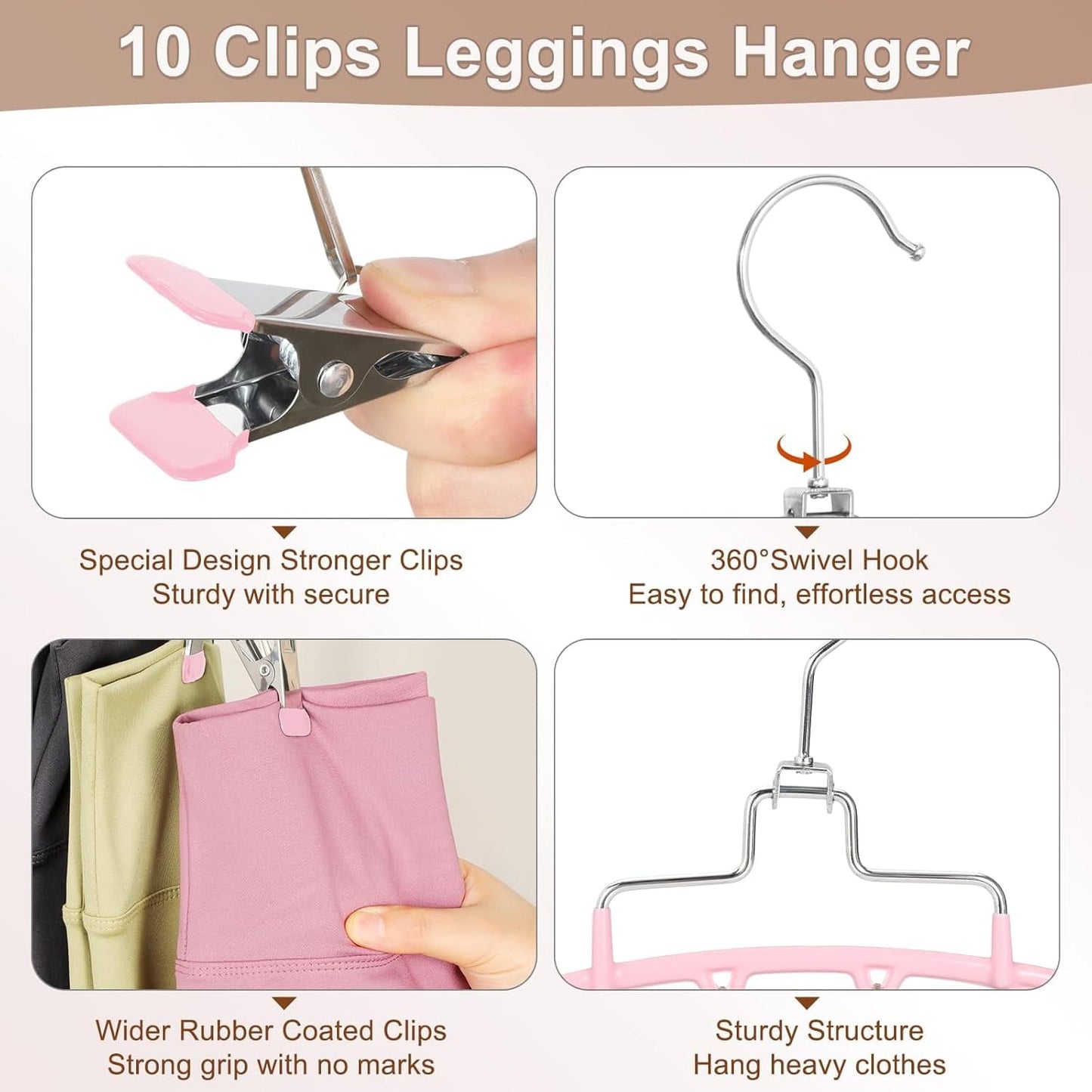 Pink leggings hanger with clips, 360° swivel hook, and rubber-coated edge