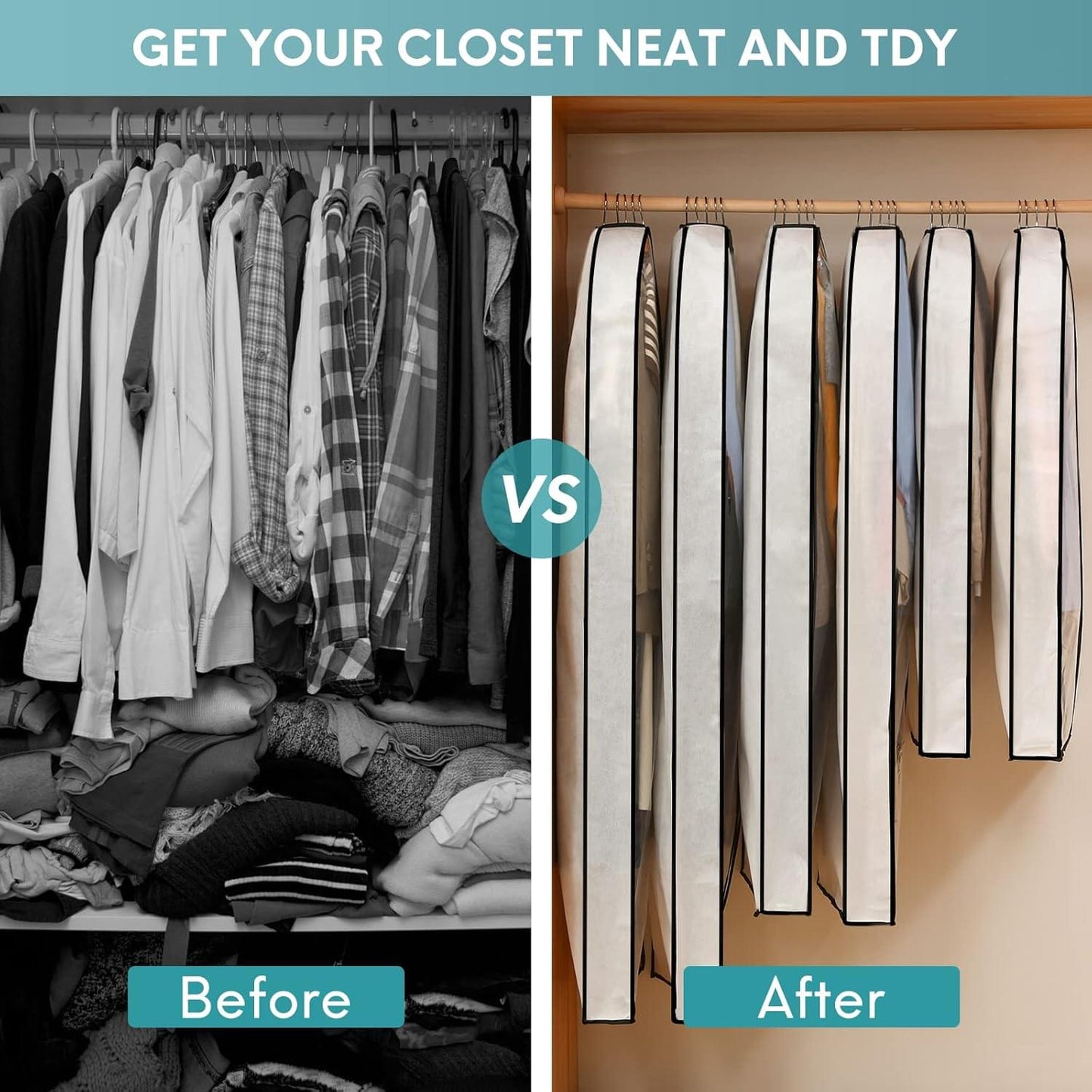 Clear hanging garment bag set arranged neatly on closet rod, with multiple garments stored.