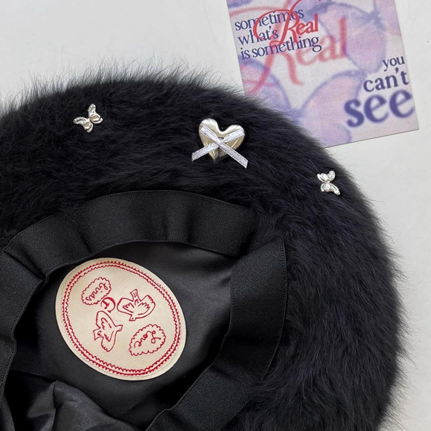 Fuzzy Faux Fur Beret with Heart Bow Butterfly Metal Gems for Women, Winter Atmosphere Artist Hat for A Slim Face Look
