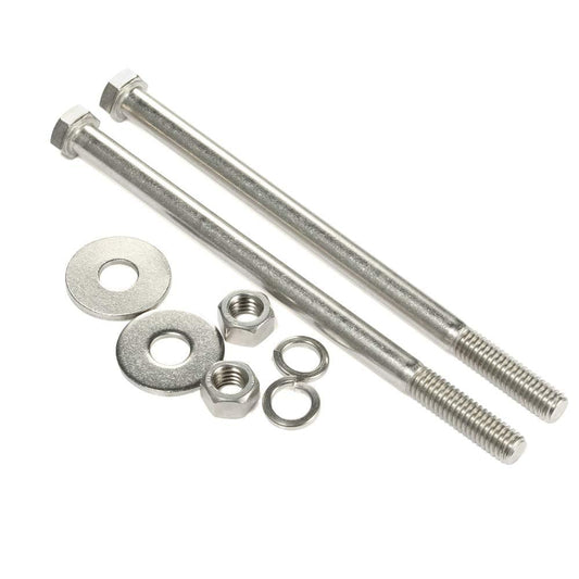 Stainless hex bolts with hex nuts, flat washers, and lock washers in a set