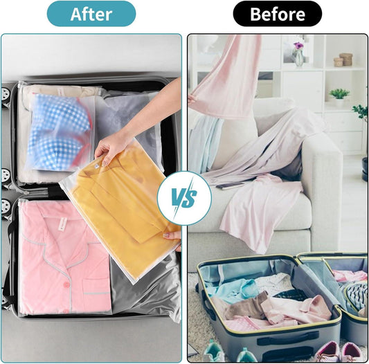 Frosted resealable clothing bags organizing folded shirts in a suitcase