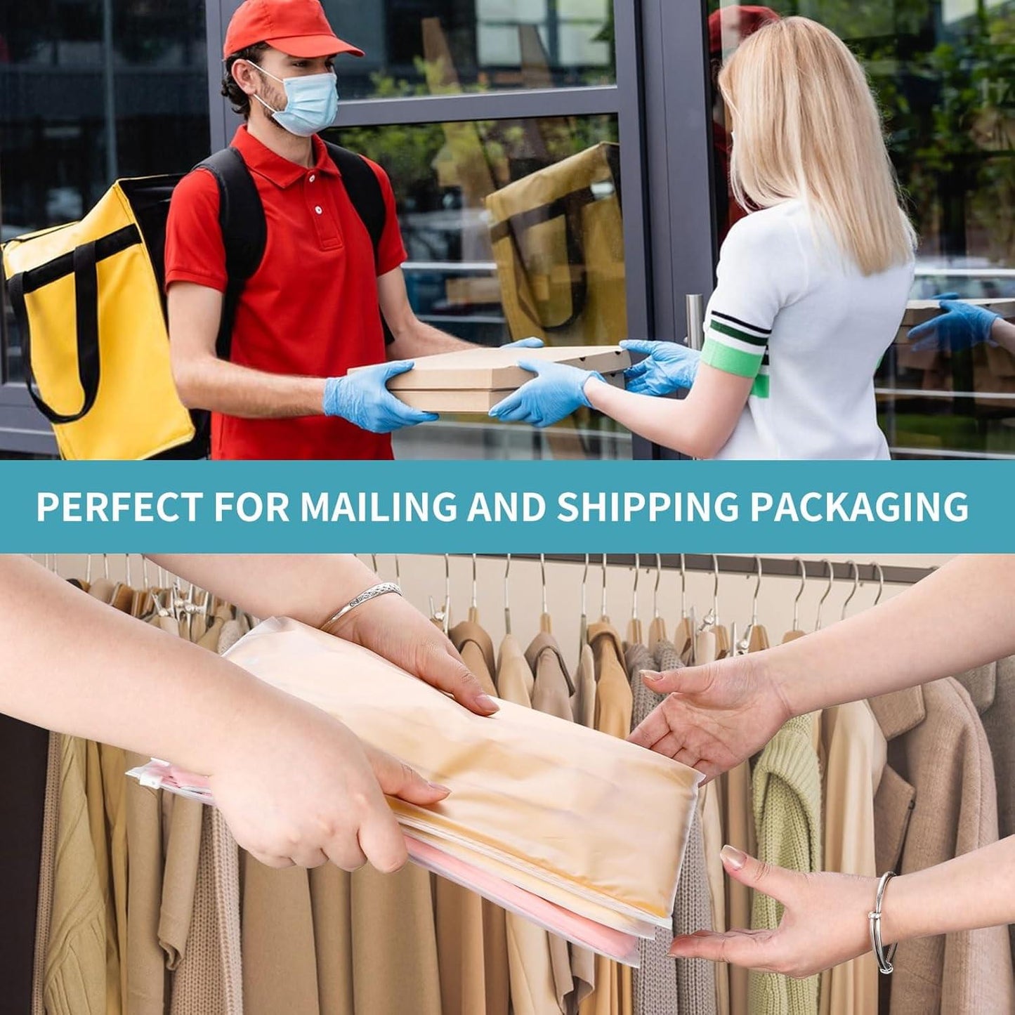 Resealable plastic shipping bag being filled with folded clothing