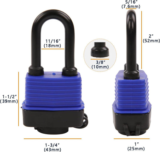 Blue padlock with black base and double U-shaped shackle, side and end view with size