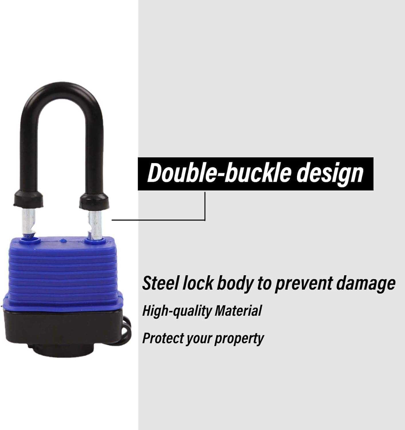 Blue padlock with double-buckle shackle design and black base