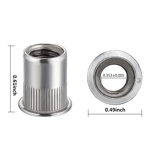 Stainless steel flat-head rivnut, 0.49 in height, knurled body