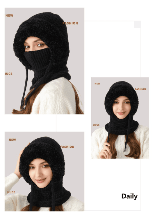 Black fleece hooded balaclava with face covering and neck warmer
